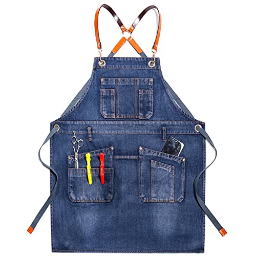 FYYYY Delantal Cocina, Delantal De Chef con Tiras Cruzadas En La Espalda para Hombres Y Mujeres, Delantal De Mezclilla para Pintar, Cocina, Cocina, Restaurante, Horneado,Strap b1,75x60cm