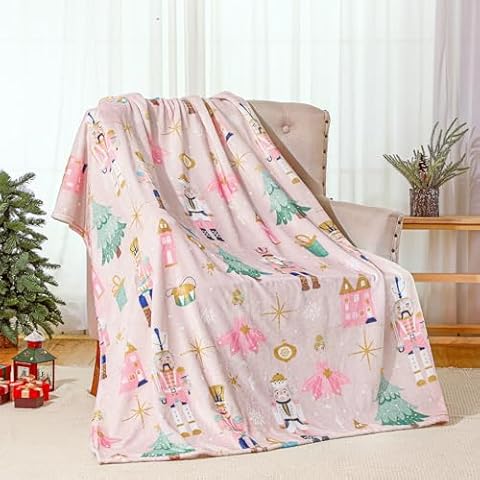 FuWeave 50 x 60 Inches Pink Christmas Blankets Christmas Throw Blanket Cute Christmas Flannel Blanket Soft Warm Lightweight Blanket for Christmas Sofa Bed Home Gift Decor(Nutcracker) Cover