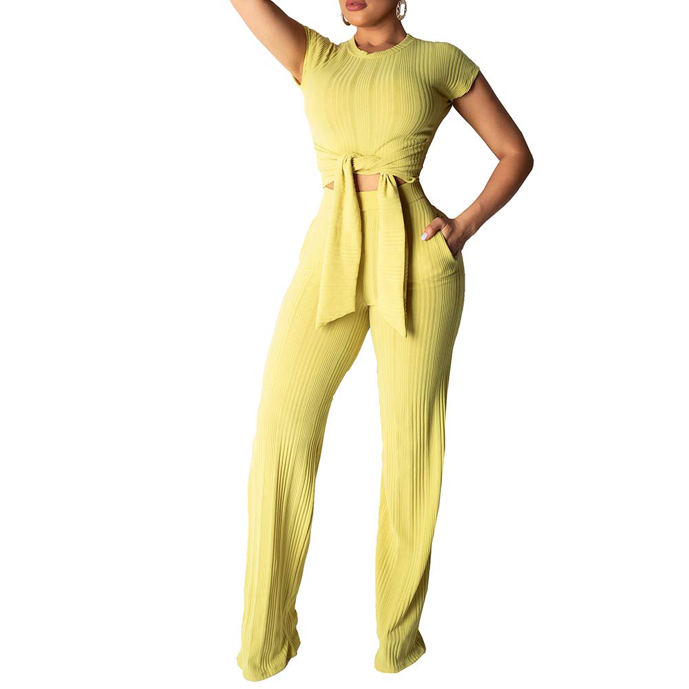 ChengQi Womens V Neck Top Wide Leg Long Pants 2 Piece Outfits，Summer Sexy Solid Color Jumpsuit Set - Yellow - Large