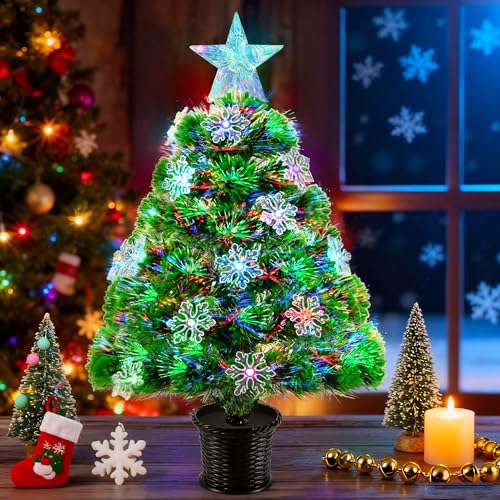 Petit sapin de Noël en fibre optique de 56 cm, mini sapin artificiel de Noël avec décorations, arbre de table alimenté par batterie/USB avec lumières RGB changeant...