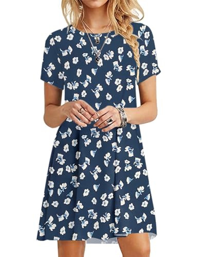 MOLERANI Summer Dresses for Women UK Round Neck Casual T-Shirt Dress Short Sleeve Ladies Beach Dress Floral Navy L