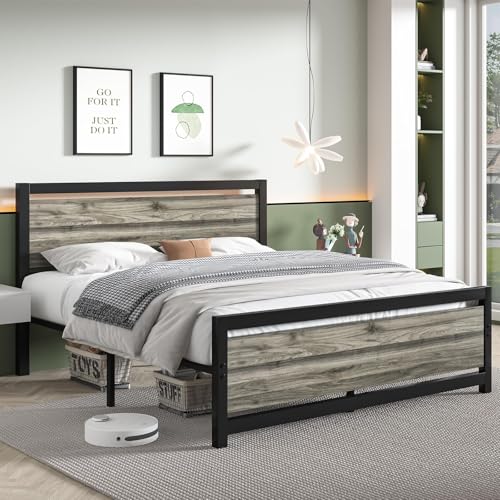 Catrimown Queen Bed Frame with Headboard and Footboard, Bed Frame Queen Size with Heavy Duty Metal, Noise-Free, No Box Spring Needed, Easy Assembly, Wash Grey