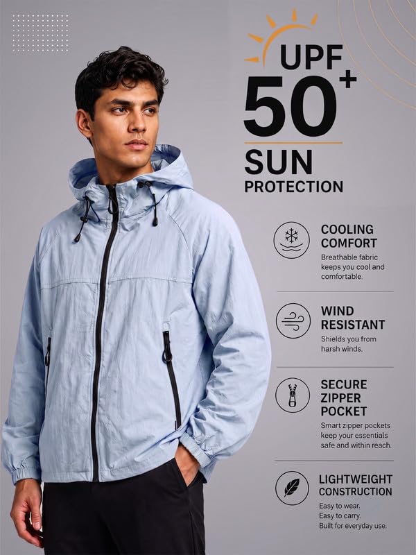 Image of CHKOKKO Sunscreen Jacket For Men With Hood | Advanced Upf 50+ UV Ray Sunblock Sunscreen | Water-repellent Lightweight Nylon Cooling Quick Dry Fabric | Sports Cycling Travel & Dailywear