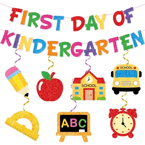 First Day of Kindergarten Decorations Kit Colorful Gilter Kindergarten Banner with Hanging Swirls Back to School Classroom Ceiling Decor Welcome Kindergartens Party Supplies for Kids School