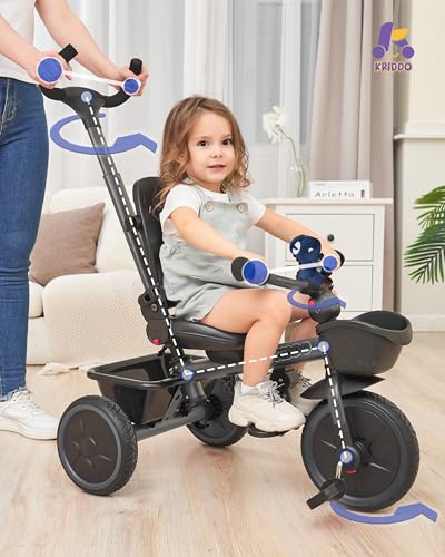 Image of KRIDDO 7-in-1 Tricycle Stroller for Toddlers 18 Months to 5 Years, Adjustable Push Handle, Rotatable Seat, Cup Holder and Retractable Canopy, Folding Baby Trike w /Detachable Guardrail, Footrest, GY