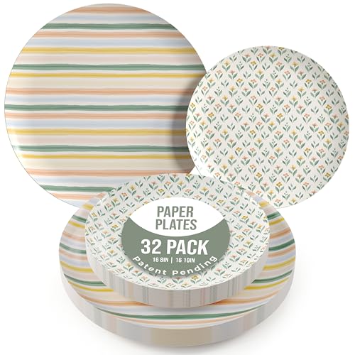 Trendables Heavy Duty Paper Plates Set For 16 Guests - 16 Each Of 8-inch And 10-inch Disposable Plates For Party - Fancy 32 Piece Dinnerware Set For All Occasions | Floral Design, Folk