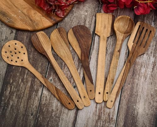 Image of Sanjeev Kapoor by OGGN Pure Handmade Mango Wood Spoon Spatula Set of 7, Natural Wooden Spoons & Spatulas Combo, Non-Sticky Ladles, Turner, Soup Spoon for Frying /Serving Food (Pack of 7)