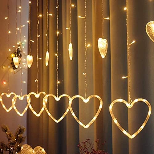 TOFU Curtain Lights, 138 Led 12 Heart-Shaped Window Curtain Lights with Remote, 8 Flashing Modes Plug in Hanging String Lights for Bedroom Indoor Wedding Party Anniversary Birthday Decoration 8.5ft