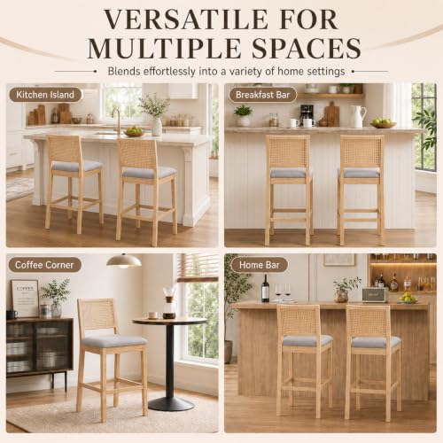 Image of Rattan Counter Height Bar Stools Set of 4, 25.6'' Modern Counter Stools with Cane Back, Mid Century Bar Chairs for Kitchen Counter /Home Bar /Restaurant, Grey