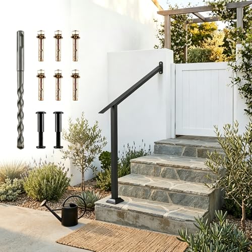Image of HOMFME Handrail for Stairs Fit 2-5 Steps, Heavy-Duty Adjustable Angle Stair Railing Kit with Drill Bit & 6 Expansion Screws, Indoor Outdoor Metal Grab Rails for Garden Entryway Backyard (3-4 Steps)