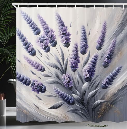 Ambesonne Lavender Shower Curtain, Modern Design of Realist Floral with Muted Leaves on Contemporary Back, Cloth Fabric Bathroom Decor Set with Hooks, 69" W x 70" L, Purpleblue Pale Purple