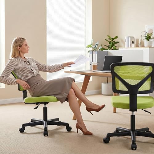 Image of OLIXIS Armless Office Chair, Ergonomic Desk Chair with Wheels, Mesh Back, Removable Washable Foam Cushion, Height Adjustable Rolling Swivel Chairs for Small Space, Home, Office, Green