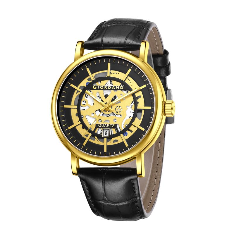 Image of Giordano Analog Quartz Watch for Men with Skeleton Round Dial, Date Function, Luminous Hands and Markers, Leather & Stainless Steel Strap - GZ-50182