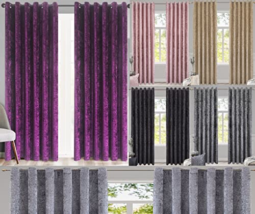 ROOEE Luxury Crushed Velvet Curtains PAIR Fully Lined Eyelet Ring Top For Bedroom, Living Room, Kitchen, Office (Purple, 46" Wide x 54" Drop)