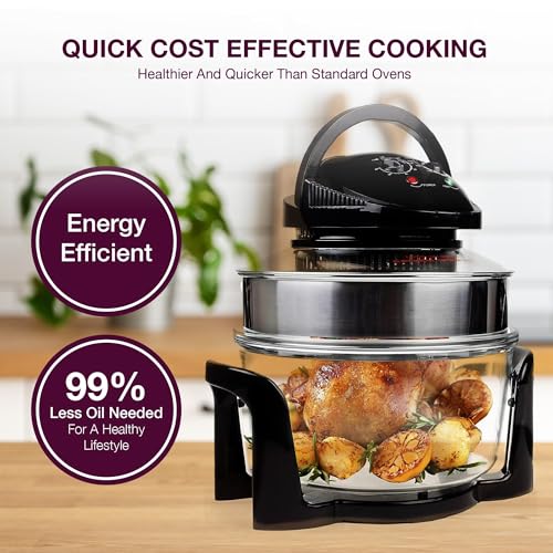 Andrew James Halogen Oven Cooker 12l – 17l 1400W | Glass Air Fryer with Turbo Wash and Included Accessories | Halogen Oven Cooker with Extender Ring & Replacement bulb (BLACK) - Image 2