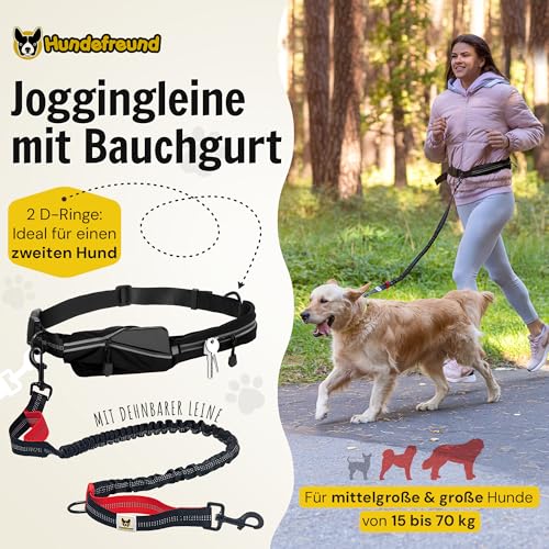 Hundefreund Joggingleine mit Bauchgurt Schwarz | Laufleine Elastisch Ruckdämpfend Reflektierend für Mittelgroße und Große Hunde bis 70 kg | Freie Hände zum Joggen Laufen Radfahren Wandern