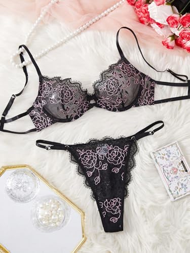 Image of Lilosy Sexy Floral Embroidered Mesh Sheer Underwire Lingerie Set