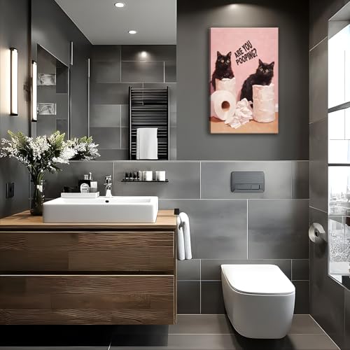 Funny Black Cat Bathroom Canvas Wall Art Picture Humorous Animal Toile Poster Prints Are You Pooping Painting Artwork Wall Decor for Washroom Restroom 12x16in Framed Ready To Hang - Image 5