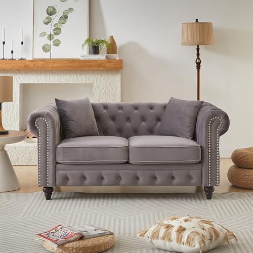 Modern Chesterfield Sofa Couch, 63.5-inch Velvet Fabric Loveseat Sofa with Rolled Arms and Tufted Button for Living Room, Office, Light Grey