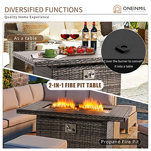 Oneinmil 44" Outdoor Fire Pit Table, Csa Certification 50,000 Btu Propan Fire Pit Table With Auto-Ignition, Patio Wicker Firepit With Oxford Cover, Grey #TOP4