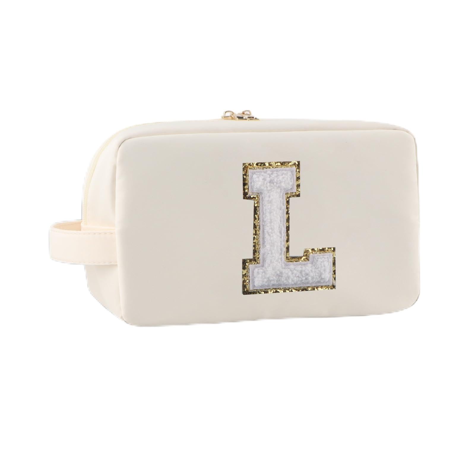 YogoRunToiletry Bag for Women Travel Essentials Custom Initial Cosmetic Bag for Purse Water-resistant Skincare Bag With Portable Handle and Pockets (Beige-L)