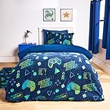 OHS Boys Single Duvet Cover Set, Super Soft Warm Stylish Gaming Print Fleece Duvet Cover Comfy Reversible Kids Single Bedding Sets with Pillowcase, Black/Green