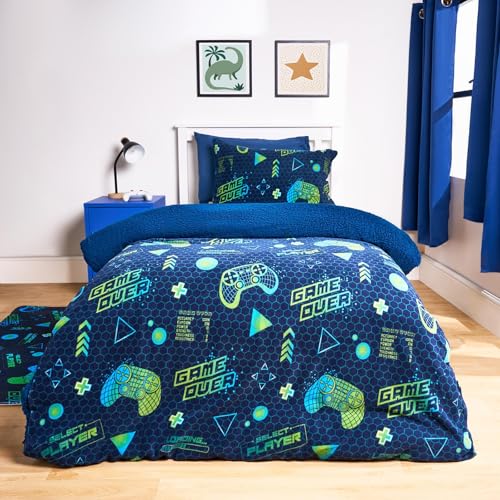 OHS Double Fleece Duvet Cover, Winter Autumn Winter Gaming Bedding for Boys Girls Super Soft Warm Cosy Fleece Sherpa Reversible Double Duvet Set with Pillowcases, Navy/Green