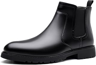 Men's Genuine Leather Pull On Chelsea Boots with Elastic Side Panels Round Toe Low Heel Comfortable Dress Shoes for Business Office Party Wedding Walking