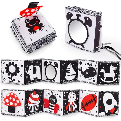 Black and White High Contrast Toys for Baby 0-3 3-6 months Infant Tummy Time Soft Book Sensory Musical Toy 0-2-4-6 month Babies Brain Development Crinkle Book Mirror Newborn Easter Basket Stuffer