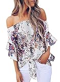 Asvivid Womens Bohemain Floral Printed Off The Shoulder Shirt Bell Sleeve Tops Ladies Self Tie...