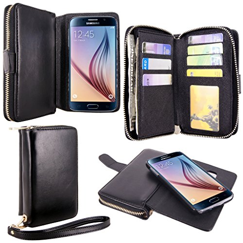 S6 Case, Galaxy S6 Case, Cellularvilla Galaxy S6 [Wallet Bag] Case, Pu Leather Flip [7 Card Slots] [Purse] Case, [Zipper Wallet] [Magnetic Detachable] Back Cover for Samsung Galaxy S6 (Black)