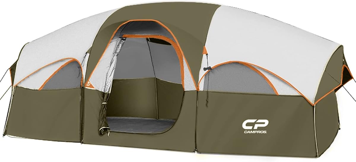 CAMPROS CP 8 Person Camping Tent, Room Divider, Rainfly, Weather Resistant | Family tent with 5 large mesh windows, double-layer design, and a carry bag, 14' x 9' x 72"(H)