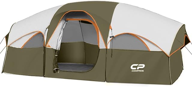 Tente CAMPROS CP 8 personnes, Tentes de camping résistantes aux intempéries, 5 grandes fenêtres en maille, double couche, rideau divisé pour chambre séparée, portable avec sac de transport