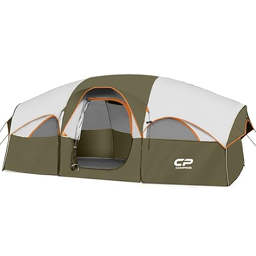 CAMPROS CP Tent 8 Person Camping Tents, Weather Resistant Family Tent, 5 Large Mesh Windows, Double Layer, Divided Curtain for Separated Room, Portable with Carry Bag