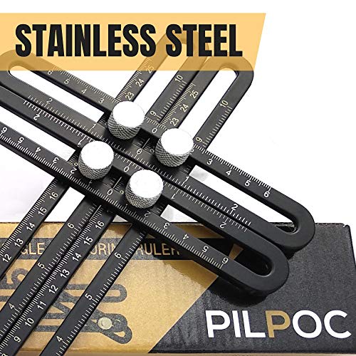 PILPOC Stainless Steel Multi Angle Measuring Ruler, Stainless Steel Black Unbreakable Thick Angle Ruler Template Tool, Laser Etched Markings, Carpenter Pencil, Cloth Case and Box