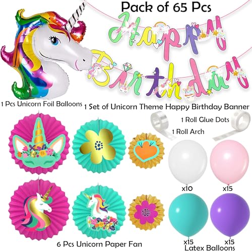 Image of Rozi Decoration Unicorn Theme Birthday Kit | 65-Piece Set with Hanging Paper Fans, Balloon Arch & Unicorn Decor | Happy Birthday Decorations for Girls (Multicolor)