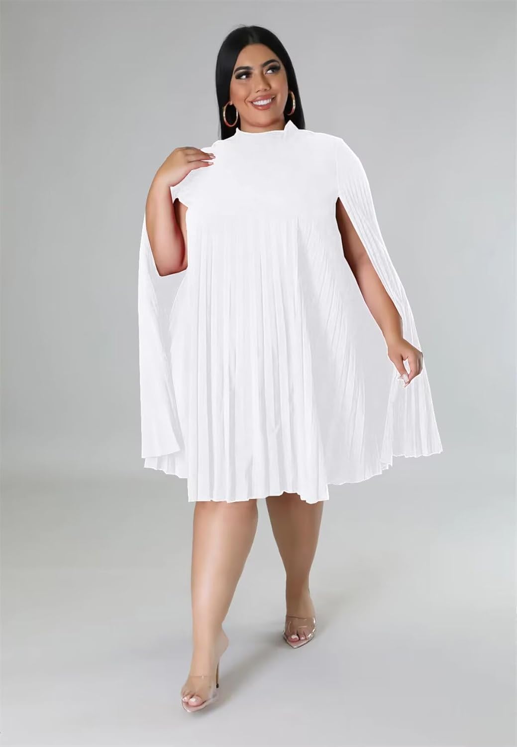 KEYUFANG Women’s Plus Size Cape Sleeve Elegant Loose Pleated Short Dress for Cocktail Party - Image 2