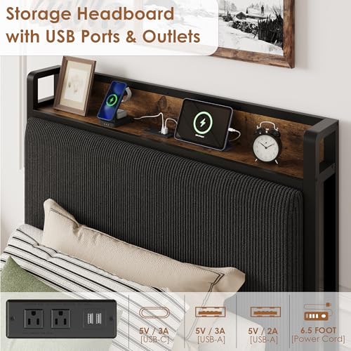 Image of GAOMON Twin Size Bed Frame with 2 Storage Drawers and Charging Station, Rustic Velvet Upholstered Platform Bedframe with Storage Headboard, No Box Spring Needed, Easy Assembly, Noise Free, Black