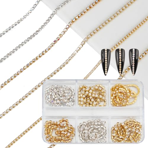 NICENEEDED 6 Strips Nail Chains, 3D Nail Art Charms Gold Nail Charms Nail Metal Punk Nail Studs, Jewelry Accessory Nails Supply for Women DIY Manicure Tips Decor