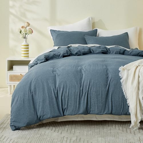 Image of Simple&Opulence Double Duvet Cover Sets, 100% Washed Cotton Soft Cozy Quilt Cover, 3 Pcs Modern Linen-Look Bedding Set with Zipper Closure (Blue,200x200cm)