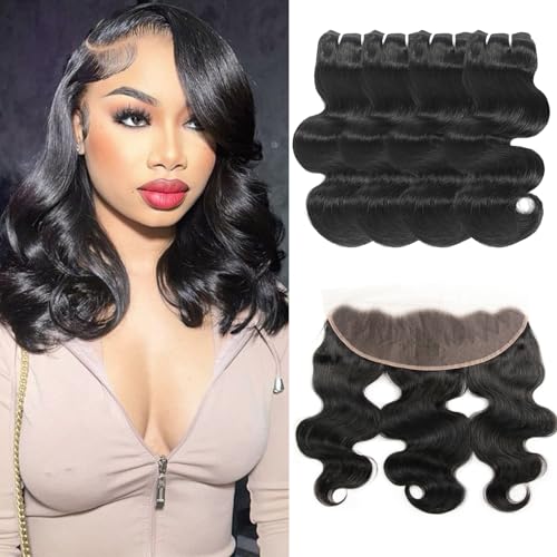 Human Hair Bundles with Frontal (12 12 14 14+12Frontal) 12A Body Wave Bundles with Closure 13x4 HD Lace Frontal With 4 Bundles 100% Unprocessed Virgin Human Hair Weave