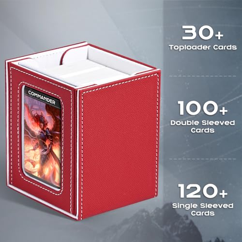 Image of ZLCA MTG Deck Box with Commander Window Display, Trading Card Storage Box Holds 100 Double-Sleeved Cards Suitable for TCG /CCG /PTCG /EDH /Magic /Sport Cards (Red&White)