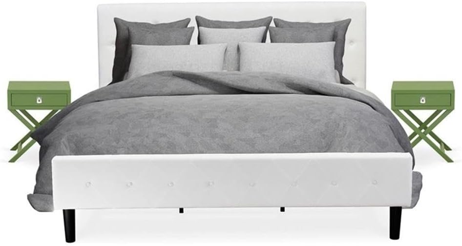 East West Furniture NL19K-2HA12 3 Piece Bedroom Set - Button Tufted King Size Bed - Linen white Velvet Fabric Upholstered Headboard and a Clover Green Finish Nightstand