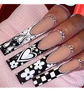 SIXDIAN Black Nude Press on Nails Long with Glitter Diamond Fake Nails with White Flower Heart De...