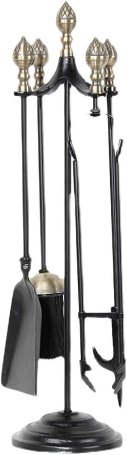 Heavy Duty Fire Pit Hearth Tools for Outdoor Camping, Rustic Fireplace Tools Set 5 Piece - Comfortable Handles, Hand Forged Iron with Black Finish