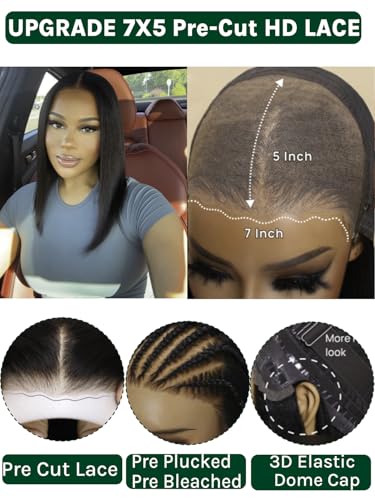 Image of KLAIYI Yaki Straight Bob Wigs Human Hair Bye Bye Knots Glueless Wig Pre Cut 7x5 Lace Front Wig Pre Beached Pre Plucked 3S Ready to Wear and Go Wig Light Yaki HD Transparent Lace Short Bob 150% 12Inch