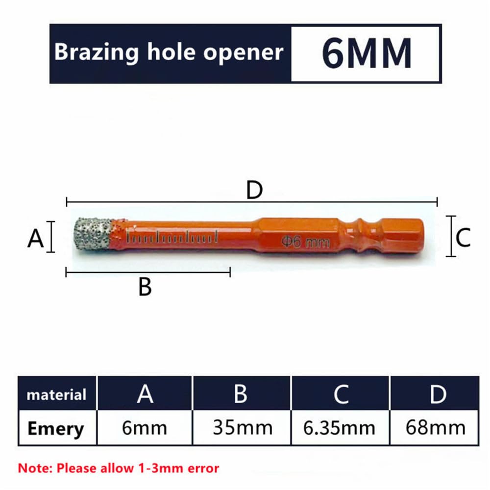 Set di punte da trapano diamantate a secco con manico esagonale da 2 pezzi, 6 mm, per marmo, granito, ceramica, piastrelle di vetro, pietra, foro aperto, 6 mm (2 pezzi)