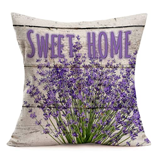 Tlovudori Spring Summer Purple Lavender Sweet Home Quote Words Decorative Throw Pillow Cover Vintage Wood Rustic Farmhouse Garden Floral Decors Summer Spring Cushion case 18 x 18Inch SP Sweet