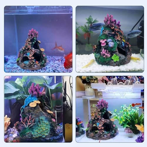 Image of PINVNBY Coral Aquarium Decorations (Size: 6.3 x 4.7 x 4.7 inches) Small Fish Tank Decorations Hideout Resin Rock Mountain Cave Ornaments Betta Hideout House for Beta Sleep Rest Hide Play Breed