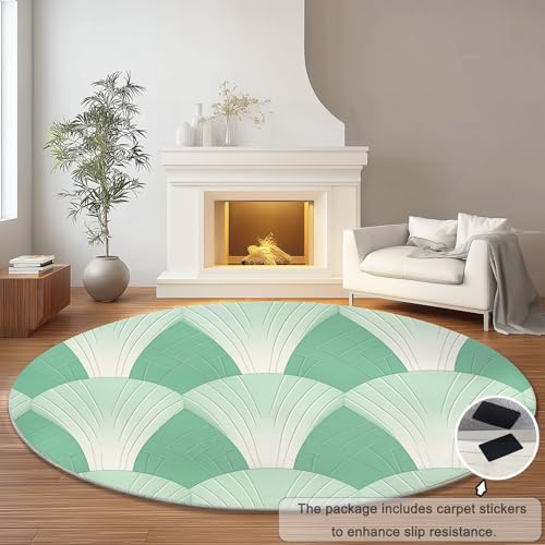 Tapis rond salon 120cm vert style simple lignes géométriques imprimées